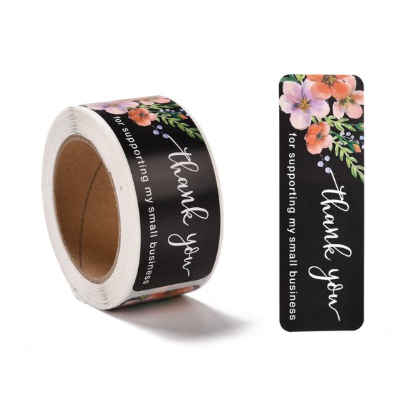 6 Roll Flower Pattern Paper Gift Tag Stickers Rectangle with Word Thank You Adhesive Labels Roll Stickers for Party Decorative Presents Black 2.8cm about 120pcs/roll