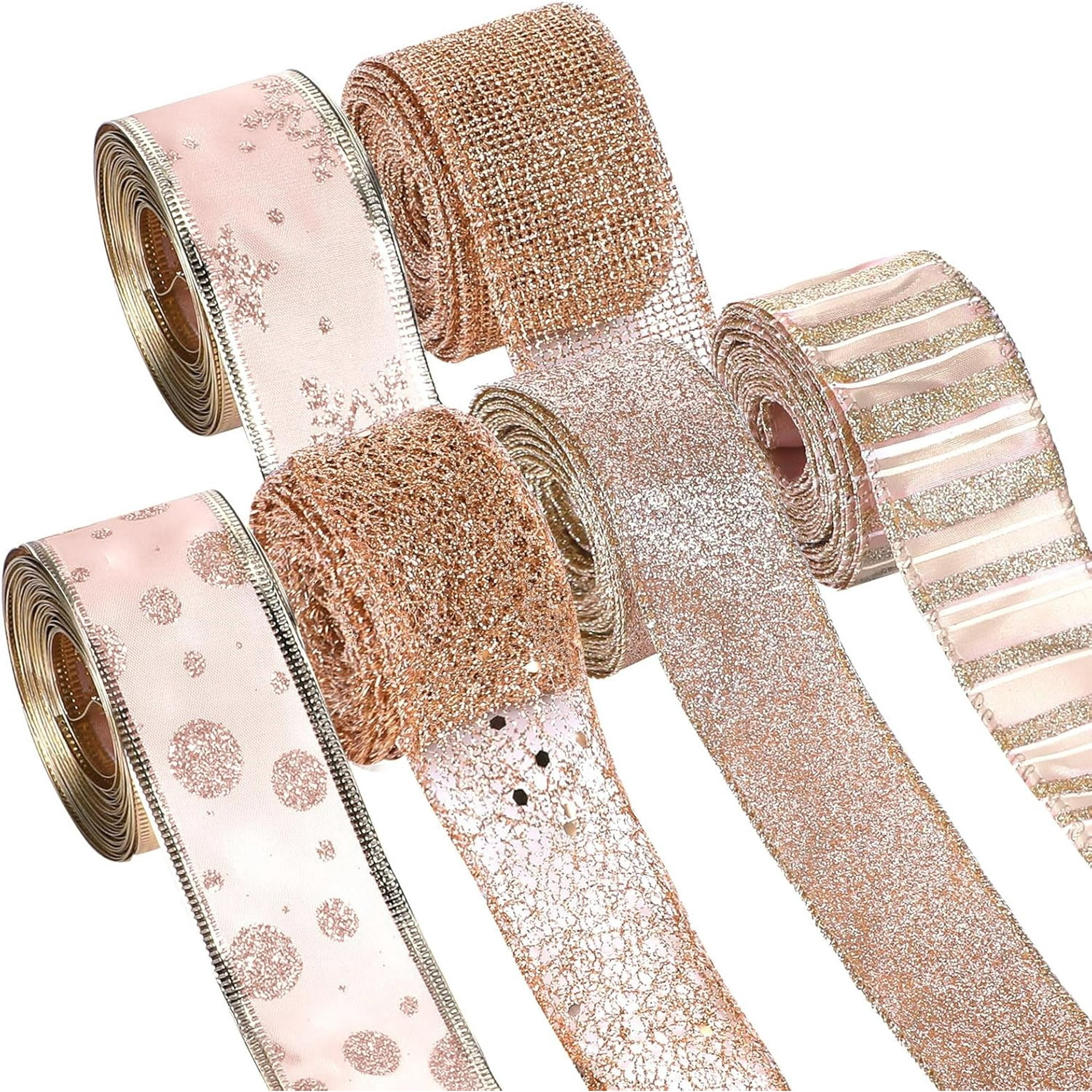 6-Roll Glitter Gold Wired Ribbon, Christmas Gift Wrapping DIY Craft Ribbon, 3.8cm Wide