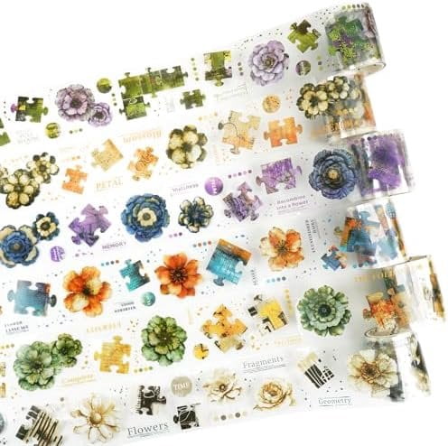 6-Roll Puzzle  Floral PET Tape Set - Pre-Cut Transparent  Collage Flower Stickers for Scrapbooks Journals Planners Cards & DIY Craft Decoration