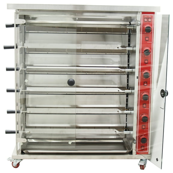 6-Roller Gas Chicken Rotisserie Machine Gas Chicken Roaster Oven Automatic Rotary Grill with 6 Burners 6 Brochettes 110V Temperature Adjustable 50-300C