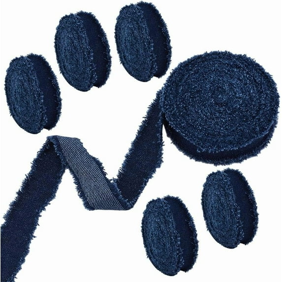 6 Rolls 1" x 10.2Yd Denim Blue Ribbon Polyester Fringe Ribbon Vintage Rustic Ribbons Jean Fabric Ribbons for DIY Gift Wrapping Hair Sewing Accessories Holiday Decor