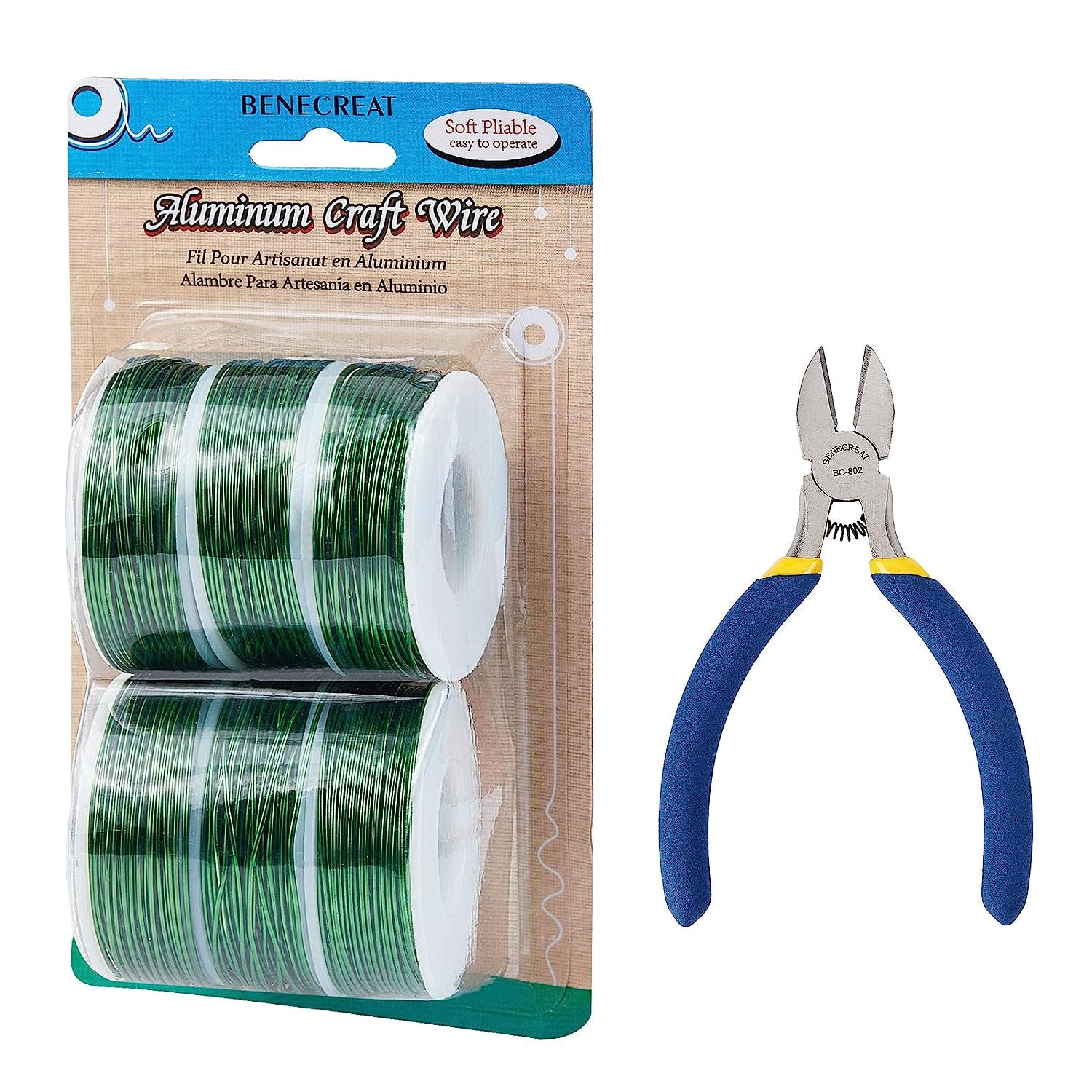 6 Rolls 18 Gauge Aluminum Craft Wire with Side Cutting Plier 450 Feet Jewelry Beading Wire Bendable Metal Wire for Jewelry Making Craft Green