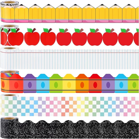 6 Rolls 196.8 ft to School Bulletin Board Border Classroom Decorations Composition Pencil Crayon Line Book Welcome Trim Border for School Classroom Decor