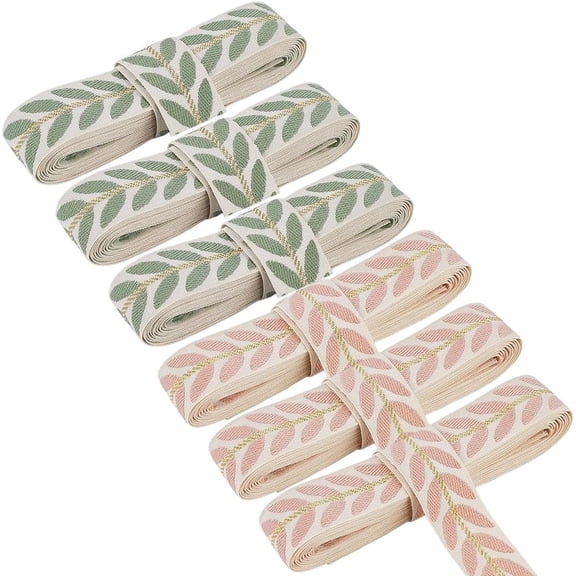 6 Rolls 2 Colors 1 Inch Pink Green Jacquard Embroidered Ribbon Boho Leaf Pattern Embroidery Applique Ribbons Woven Fabric Trim Tape for Sewing Making Crafts Clothes Dresses Costumes Decor