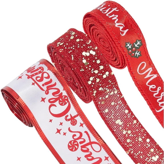 6 Rolls 3 Styles Christmas Ribbon 12m Red Wired Edge Xmas Ribbon Mesh Sequins Merry Christmas Holly Leaves Snowman Printed Polyester Fabric Trim
