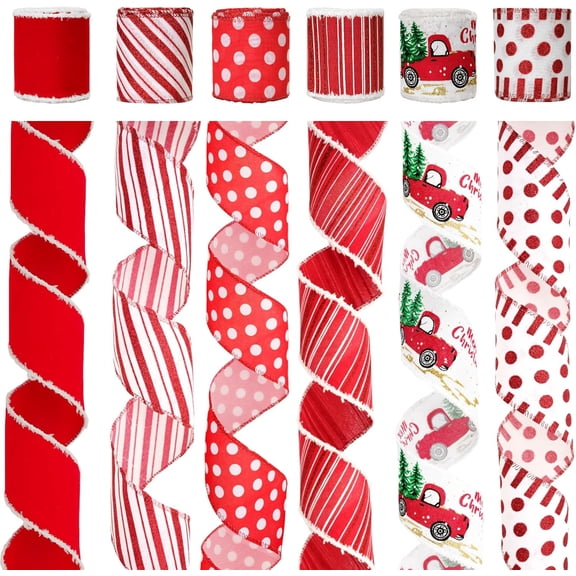 6 Rolls 30 Yards 2.5 Inch Christmas Ribbon Wired Red White Candy Cane Crafts Gift Wrapping Wreath
