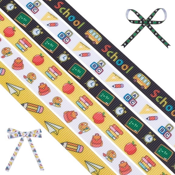 6 Rolls 30 Yards Back to School Grosgrain Ribbon 3/8 Inch School Teacher Theme Ribbons Bus Pencil Book Apples Patterned Fabric Ribbon