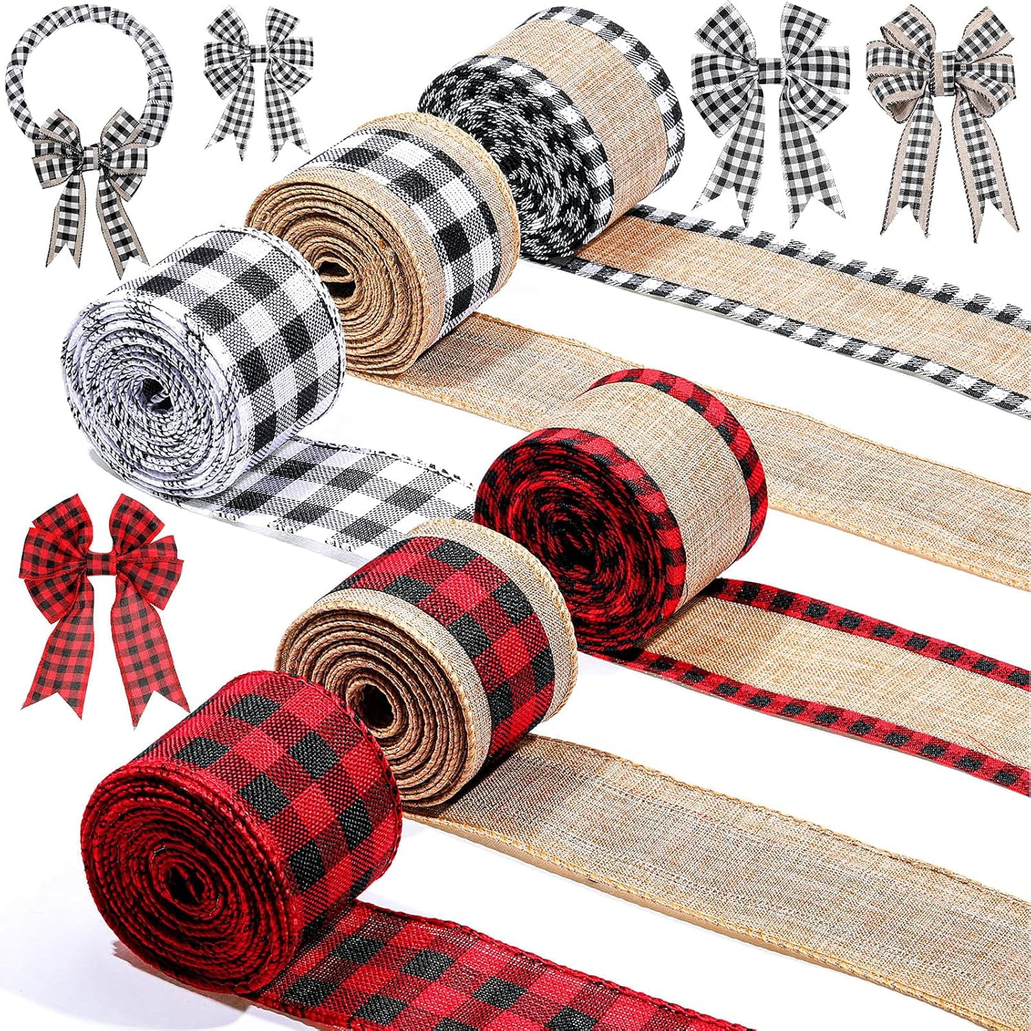 6 Rolls 30 Yards Christmas Burlap Fabric Craft Ribbon Christmas Buffalo Plaid Wired Edge Ribbons Buffalo Check Ribbon for DIY Craft Bow Wrapping Christmas Decoration (Mixed Style)