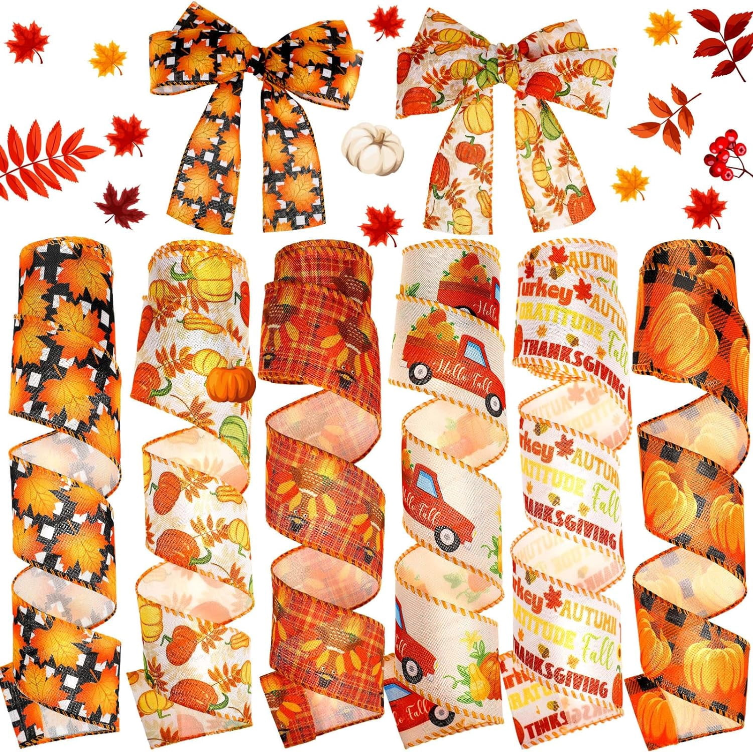 Falling Ribbons 6 Rolls 30 Yards Fall Wired Edge Ribbon Pumpkin Maple Leaf Ribbon ...