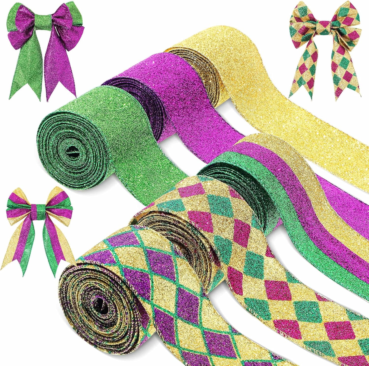 6 Rolls 30 Yards Mardi Gras Wired Edge Ribbon Purple Gold and Green Stripe Glitter Metallic Wrapping Ribbon for Mardi Gras Masquerade Party Decoration(Classic Pattern)