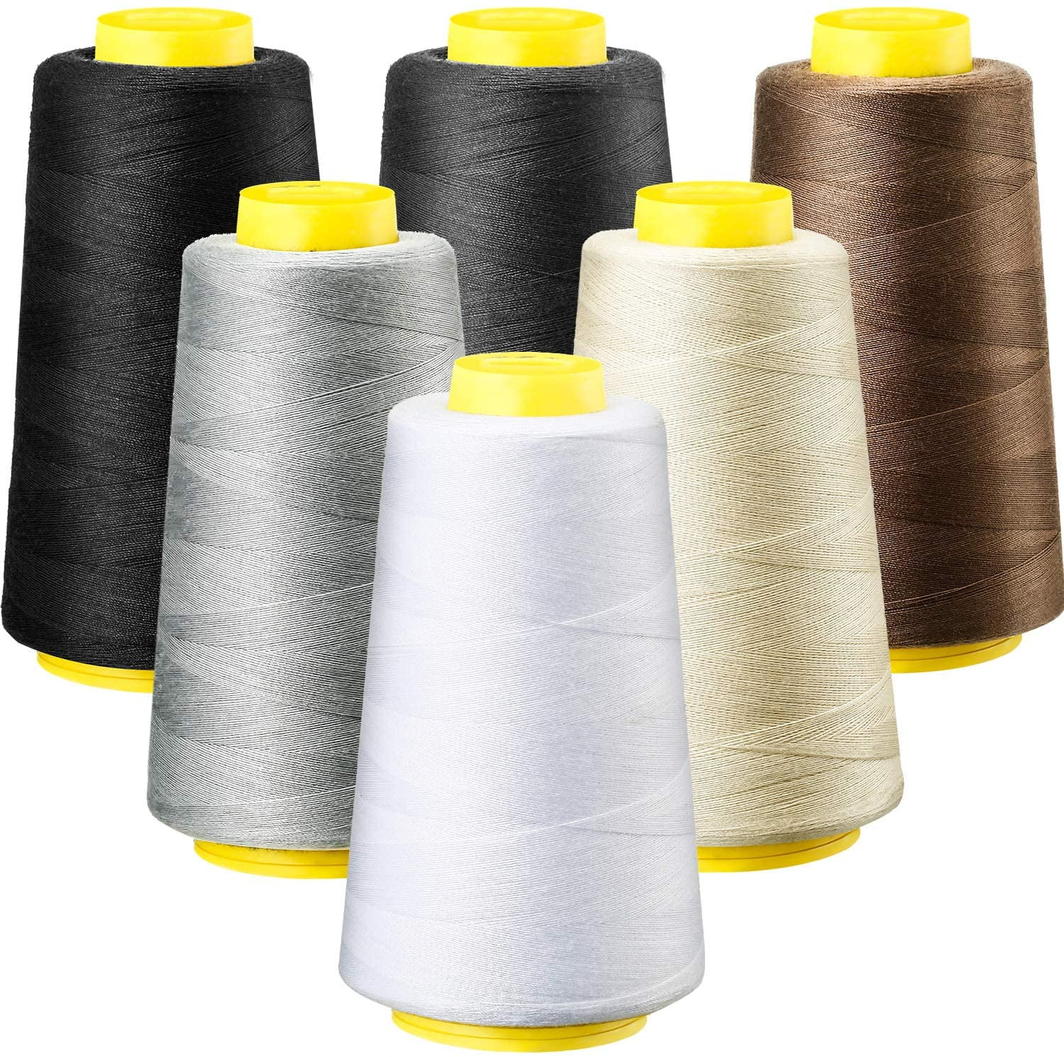 6 Rolls 3000 Yard Each Serger Thread Polyester Cones Spool for Sewing Overlock Quilting Machine (Black, White, Beige, Grey, Dark Coffee) Black, Coffee -