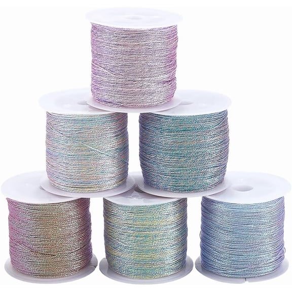 6 Rolls 328 Yards 0.4MM Metallic Cord Tinsel Rope Multicolor Christmas Embroidery Thread Polyester Glitter String Bulk for Jewelry Making Hand Sewing Crafts Bracelet Beading Necklaces DIY Colorful