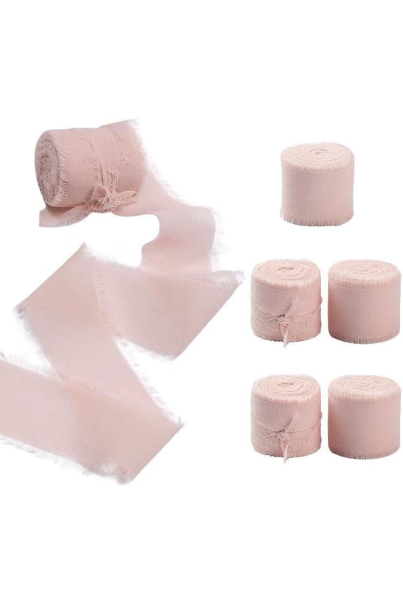 6 Rolls 42 Yards 1.5 Inch Pink Chiffon Ribbon Fringe Ribbons Frayed Edged Boho Silk Raw Ribbons Bulk for Gift Wrapping Wedding Invitations Bridal Bouquets Christmas Flower Bows Making Decor
