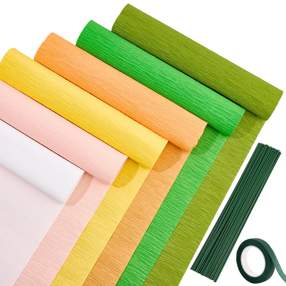 6 Rolls 6 Colors Handmade Crepe Paper with 2 Rolls Garden Grafting Paper Tape and 50Pcs Plastic with Iron Floral Stem 2500x250x0.1mm