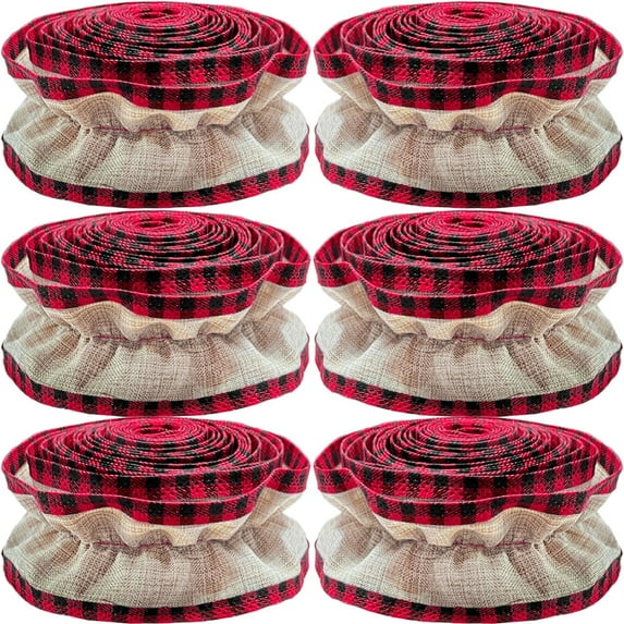 6 Rolls 9Ft Christmas Tree Ribbon Garland Burlap Buffalo Plaid Christmas Decorations, Burlap Ribbon Xmas Tree Garland, Vintage Country Rustic Farmhouse Home Decor