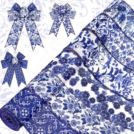 6 Rolls Chinoiserie Ribbon White and Blue Wired Edge Floral Ribbon Butterfly Flower Pattern Fabric Craft Wreath Bow Wrapping for Home Christmas Birthday Party Decor 2.52 Inches by 5 Yards