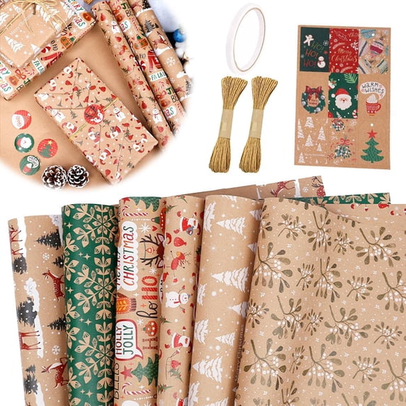 6 Rolls Christmas Wrapping Paper,Christmas Kraft Wrapping Paper ...