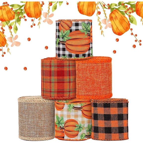 6 Rolls Fall Burlap Ribbon, 30 Yards, 2.5 in Wired Edge, Pumpkin Plaid