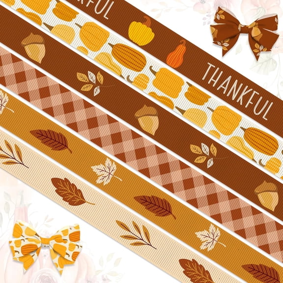 6 Rolls Fall Leaves Ribbons for Crafting, 3/8" Width Thanksgiving Grosgrain Ribbons 5 Yard