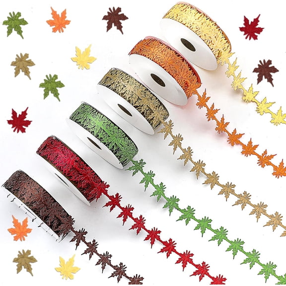 6 Rolls Fall Ribbons Maple Leaf Shape Fall Craft Thin Ribbon 30 Yards Garland Maple Leaves Fabric Burlap Trim for Thanksgiving DIY Craft Gift Wreath Bows Wrapping Autumn Party Decoration