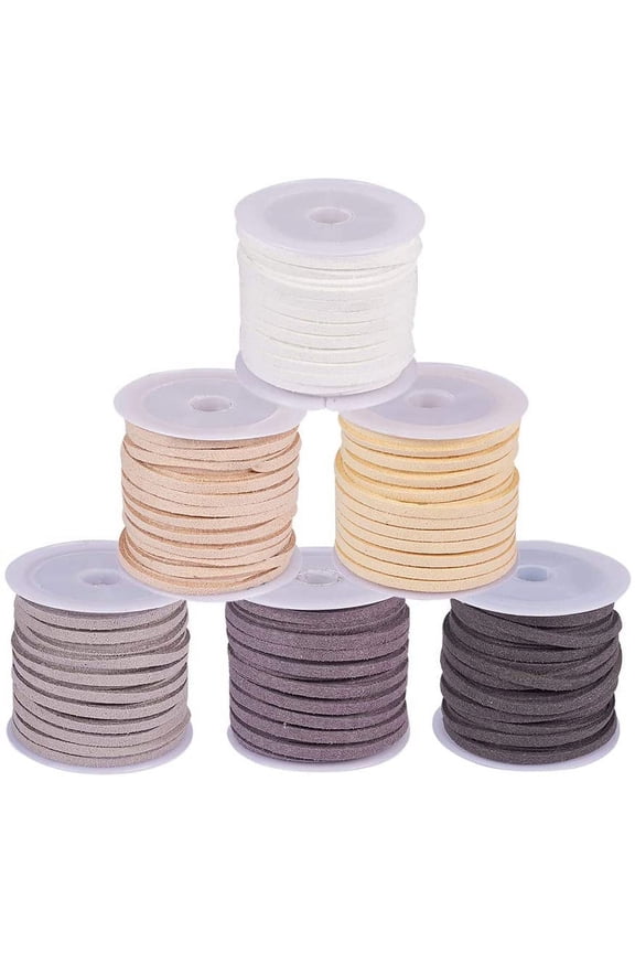 6 Rolls Flat Suede Leather Lace 3mm Micro-Fiber Leather String Cord Beading Thread for Jewelry Making Crafting Tassels Necklaces Bracelet 3x1.5mm - Grey White Tone