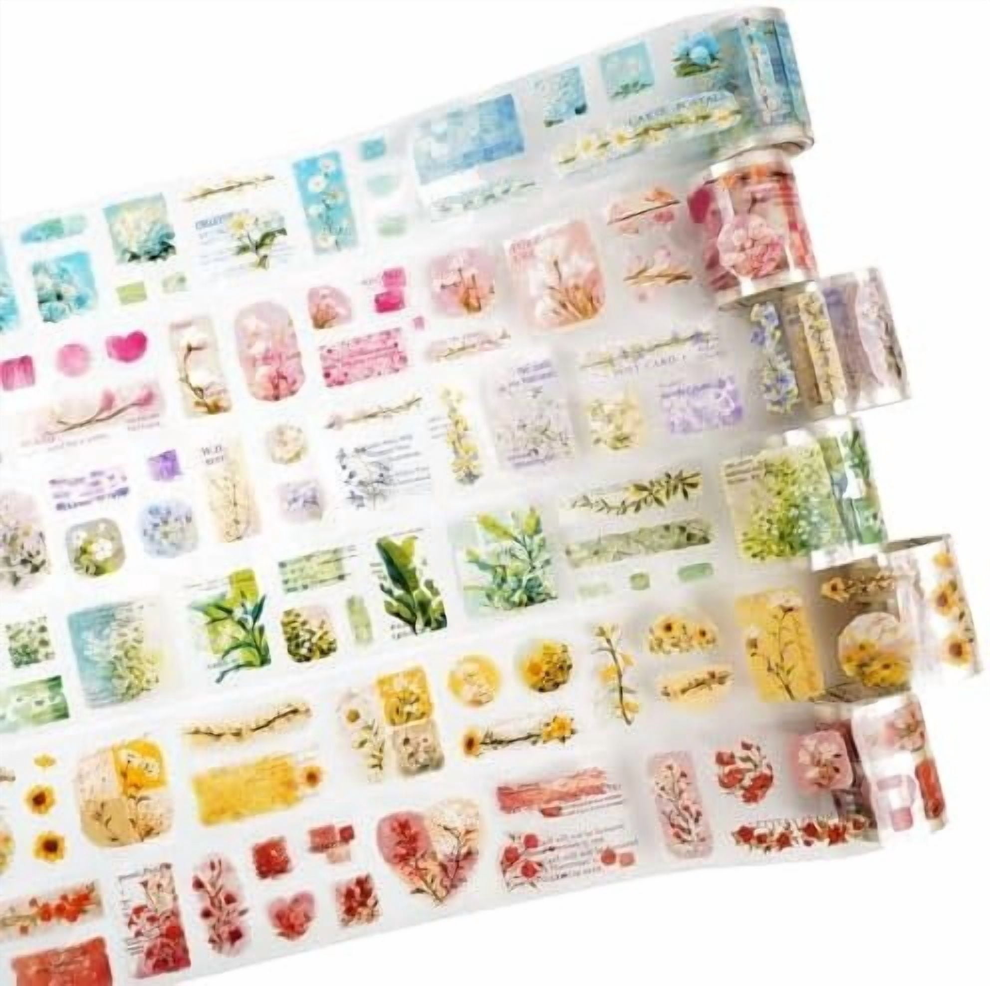 6 Rolls Floral Pre-Cut PET Sticker Tape Set, 1.97in x 78.7in Each,  Botanicals & Script for Scrapbook Journals, Planners, DIY Decor