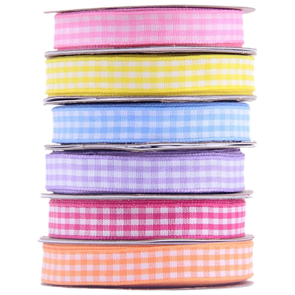 6 Rolls Gingham Ribbon, 3/8 in Plaid Set, Nylon Craft Ribbon in Assorted Colors for Gift Wrapping, Flower Bouquet, Baking Cake Decor, DIY Assorted Ribbons for Crafts, Wedding Party