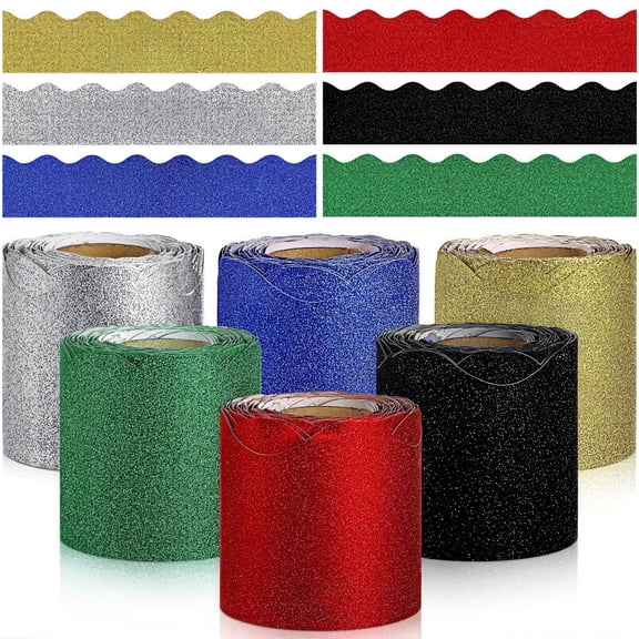 6 Rolls Glitter Bulletin Board Borders, 196.8 Ft Glitter Scalloped Bulletin Board Borders Decor Trim, Self-Adhesive Waterproof Sparkle Border Tape, School Notice Board Decor Strips for Home Office