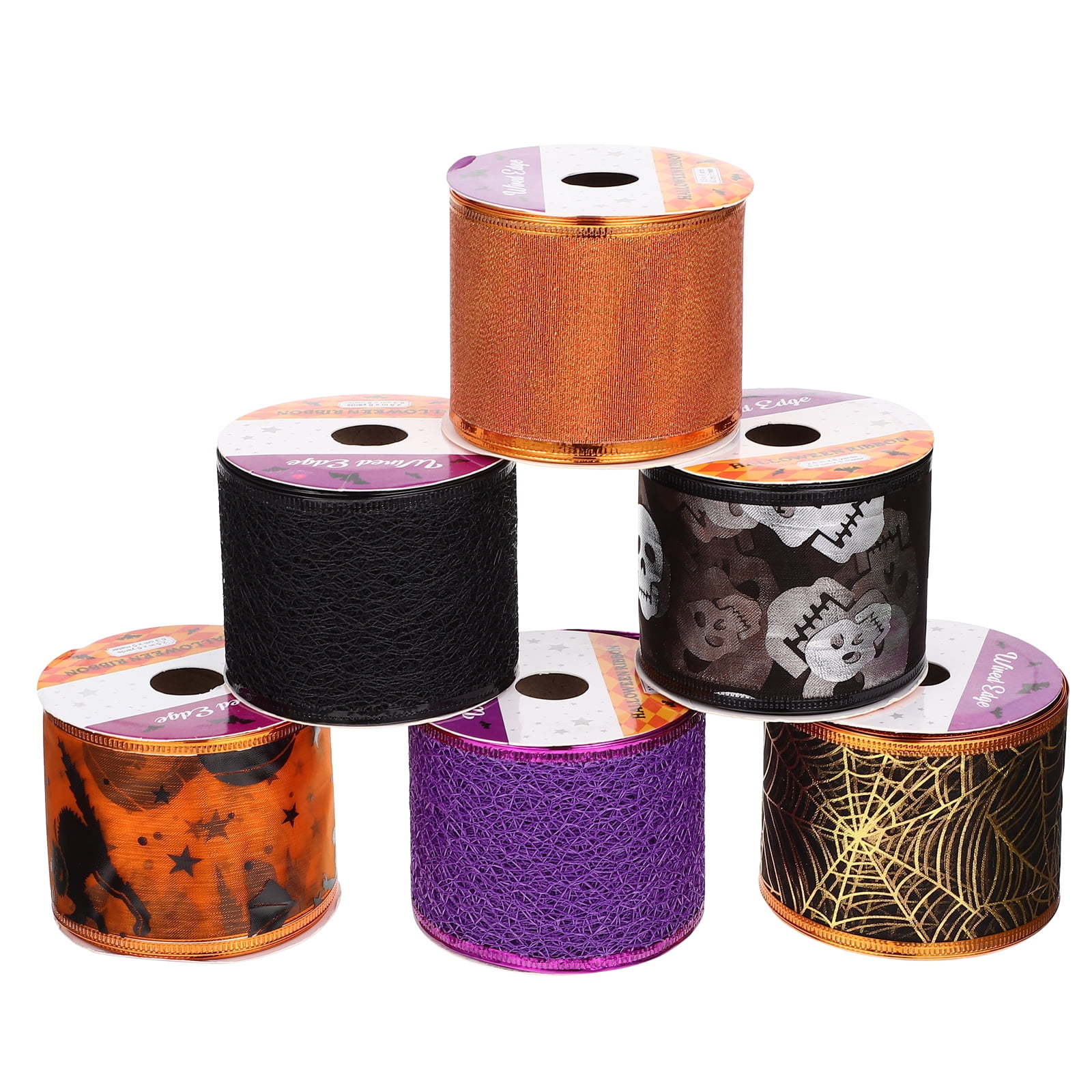 6 Rolls Halloween Wired Ribbon Wreaths Ribbon Halloween Party Decorative Craft Supplies