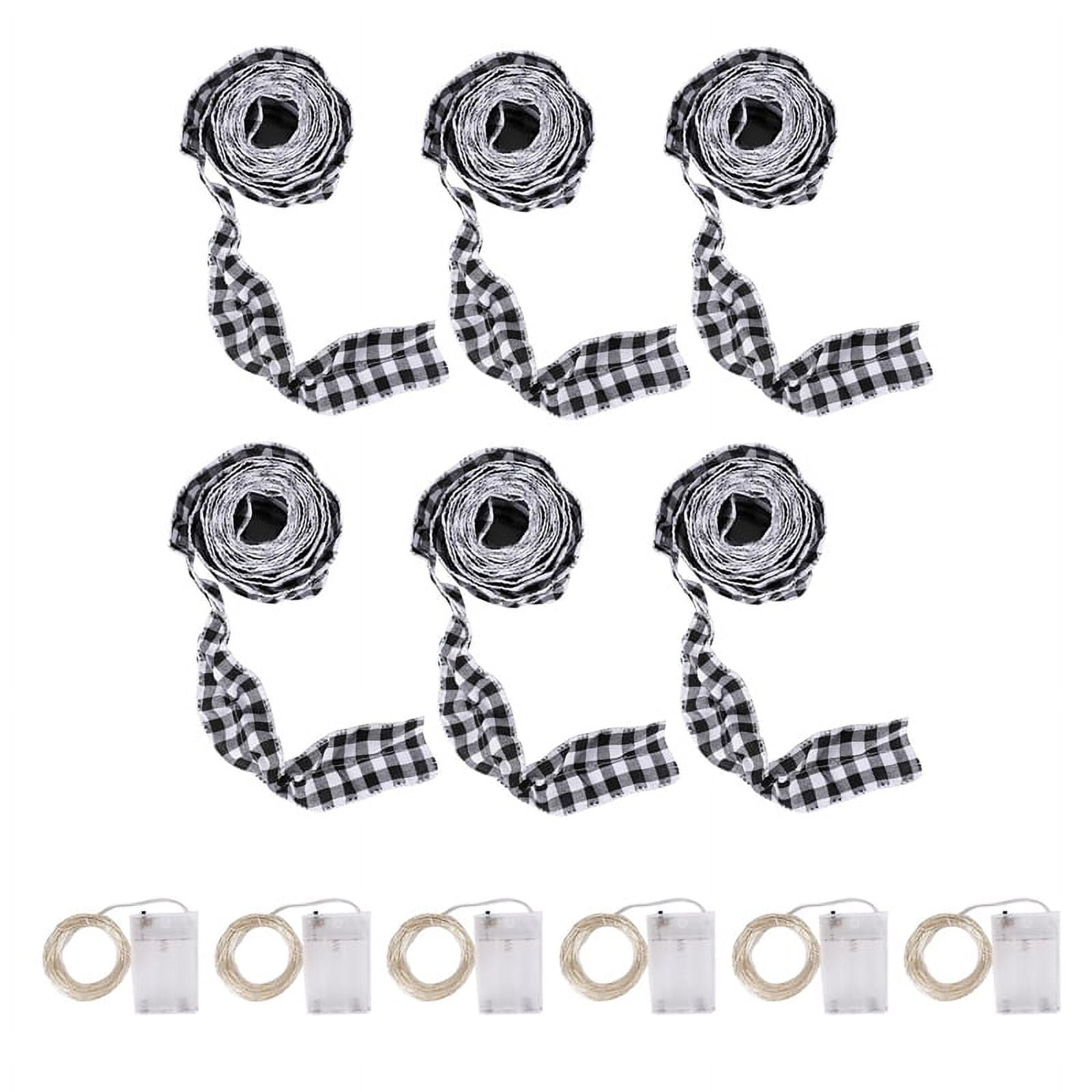 6 Rolls LED Rustic Christmas Tree Garland Ribbon Craft with LED Lights for Christmas Decorations Black&White