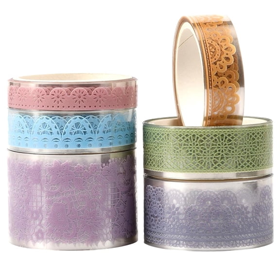 6 Rolls Lace Pattern Masking Tape Scrapbook PET Tape Colorful Elegant Transparent Floral Flower Art Self Adhesive Decorative Sticker Rolls for Scrapbooking Journal Gifts Wrapping DIY Crafts