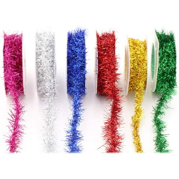 6 Rolls Metallic Glitter Ribbons Christmas Tinsel Garland for Holiday Wedding Birthday Party Decoration Gift Wrapping