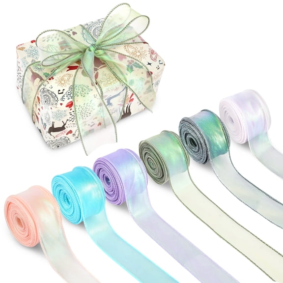 6 Rolls Organza Ribbon for Gift Wrapping 1.57 Inch x 10 Yards per Roll Iridescent Sheer Present Ribbon in White Blue Purple Green Pink for Bouquet Crafts DIY Decor