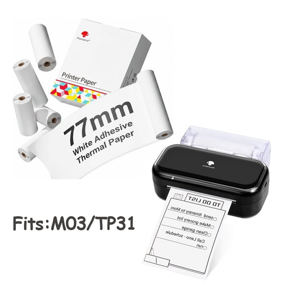 [6 Rolls] PHOMEMO 77mm 3.03'' Adhesive Thermal Printer Paper, Black on White Sticker Paper for M832/M833/M834/M835/M03/M03AS/M04S/TP31, Phomemo Printer Paper for Photo DIY, 6 Rolls