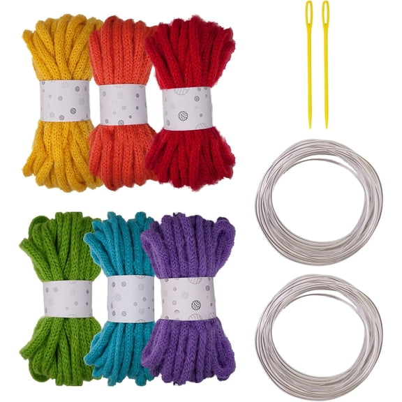 6 Rolls Polyester Crochet Yarn Kit, 7mm Hollow Braided Rope with Sculpting Wire & Needle, Multicolored Craft String for DIY Wire Art & Gardening (K)