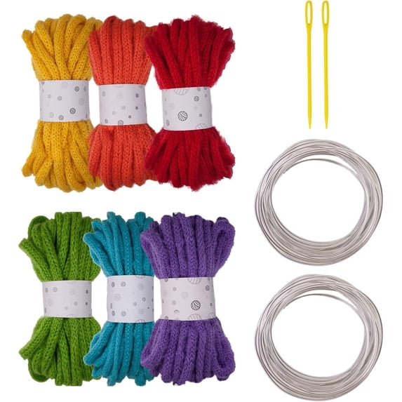 6 Rolls Polyester Yarn for Crocheting - 7mm x 5 Meters Assorted Color Hollow Braided Rope with Needle & Metal Sculpting Wire, Craft Yarn for Knitting Projects(RL Colored 1 Set)