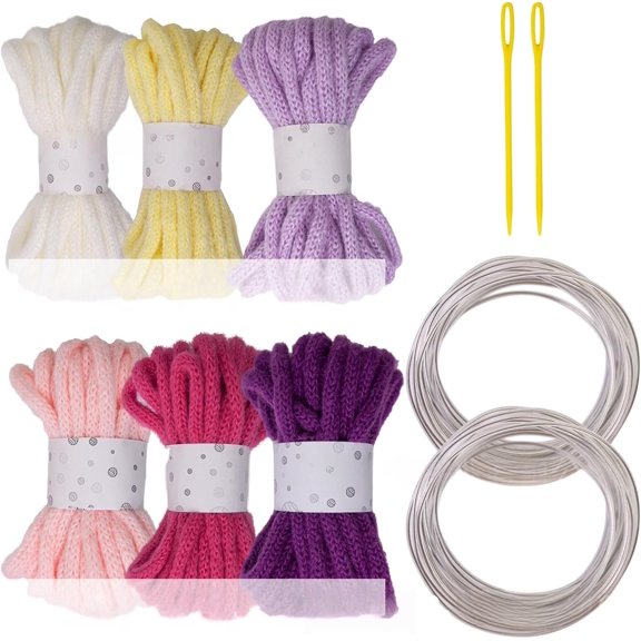 6 Rolls Polyester Yarn for Crocheting 7mmx5meters Rope Assorted Color Hollow Braided Rope with Needle and Metal Sculpting Wire Art Craft Knitting Gardening Decoration Cord(Q)