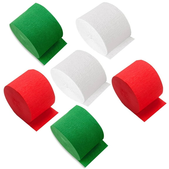 6 Rolls in Red,White,Green Crepe Paper Streamers Rolls, 150m Pack of Colorful Streamers for Party Decorations, Birthday Streamers,Wedding Decoration,Celebrations and Events (4.5cm x 25m/Roll)