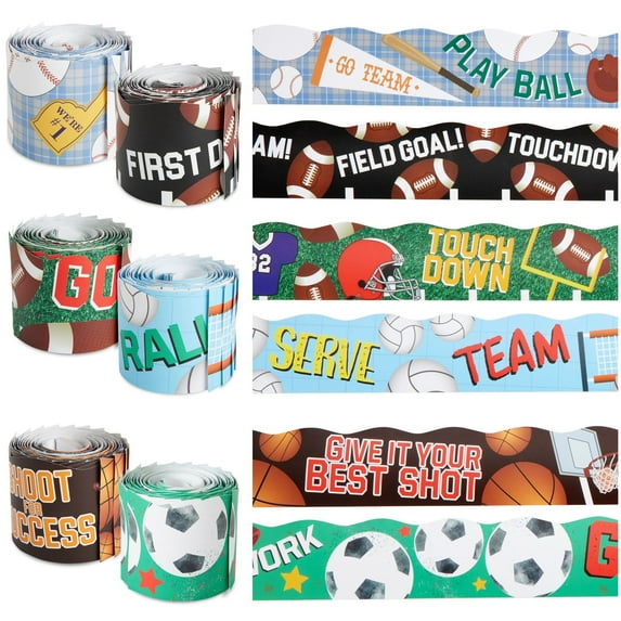 Juvale Sports Bulletin Board Borders for Classroom Decor - 6 Rolls (234 ft) Multicolor Scalloped Trim - Assorted Basketball, Football, Soccer & Baseball Designs - 78 Precut Strips