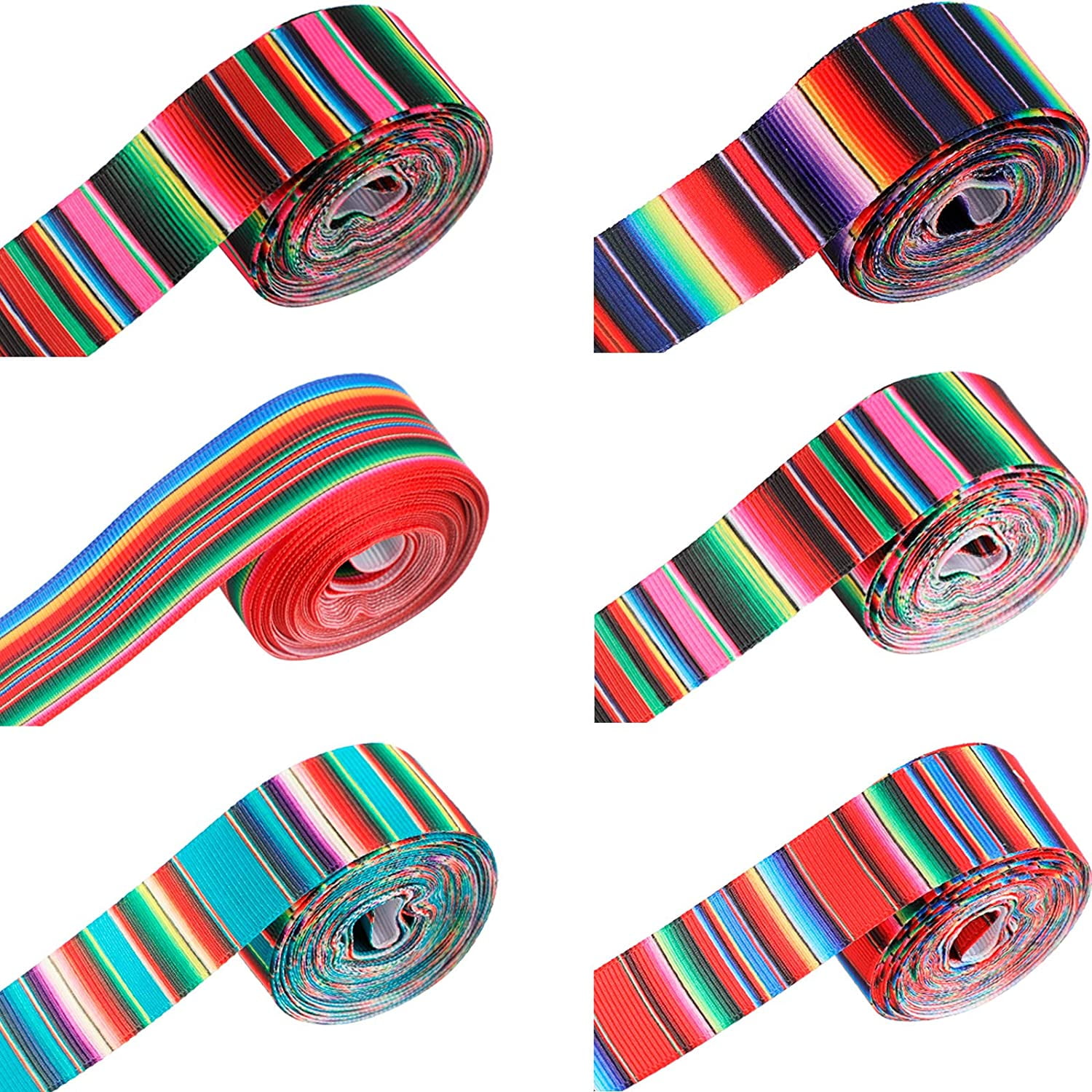 6 Rolls Serape Ribbons Mexican Rainbow Stripes 1 Inch Colorful Fiesta Grosgrain Ribbon for DIY Wrapping Party Crafts Decorations Hair Bows Sewing Supplies(Rainbow)