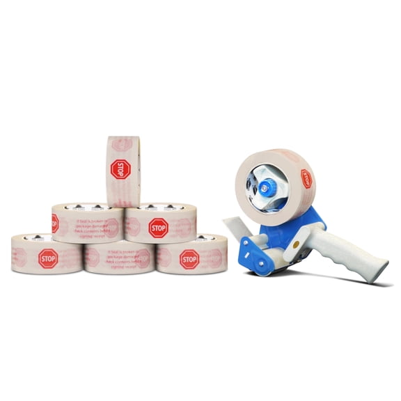 MMBM 6 Rolls White Printed Packing Stop Sign Tape 2.83 Inch x 110 Yards 2 Mil + Dispenser
