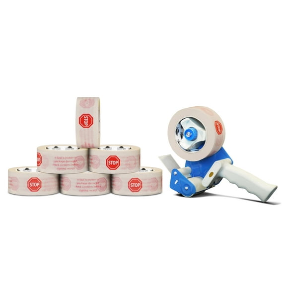 MMBM 6 Rolls White Printed Packing Stop Sign Tape 2.83 Inch x 110 Yards 2 Mil + Dispenser