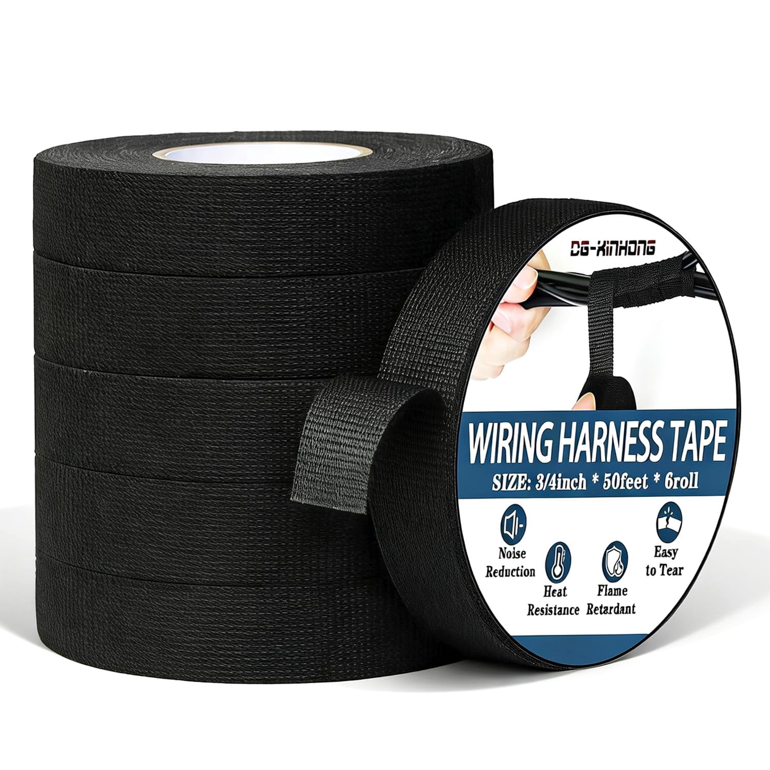 6 Rolls Wire Harness Tape 3/4-Inch (300Ft Total) Self-Adhesive Fabric Tape For Automotive Engines,Electrical Cable Protection,High Temp Wiring Loom Harness,Cloth Electrical Tape Noise Damping