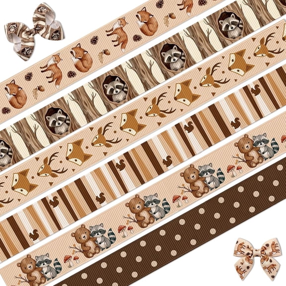 6 Rolls Woodland Ribbon Set, 3/8 Inch x 3 Yards Cute Jungle Animals Grosgrain Ribbons
