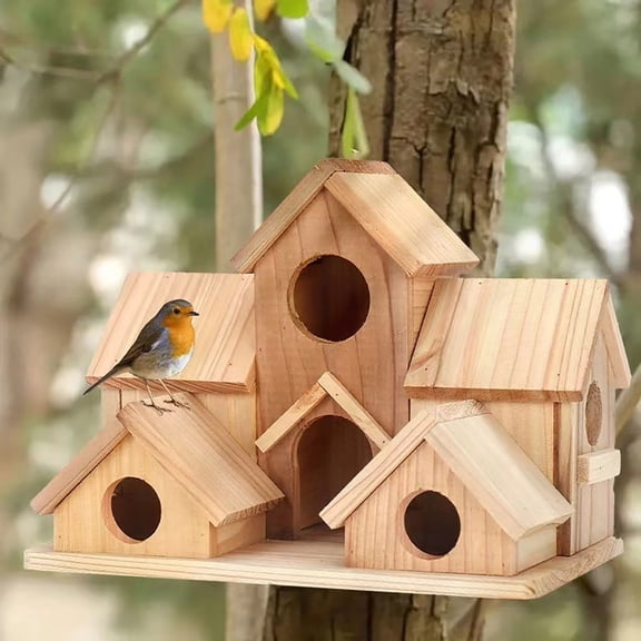 6 Room Bird House for Outside, Natural Solid Wood Birdhouse for Garden, Multi-Room Nesting Box for Backyard, with Front Cleaning Doors, Tree or Post Mount