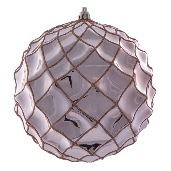 Vickerman 6" Rose Gold Shiny Form Ball Drilled Wired 4/Bag. Add texture and shimmer to your holiday decorating projects with this geometric shaped ball. It features glitter accents along the edges of