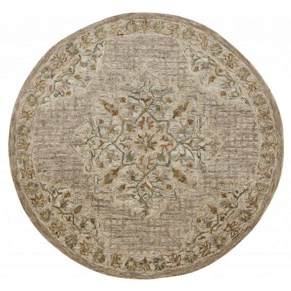 6’ Round Beige Distressed Medallion Area Rug