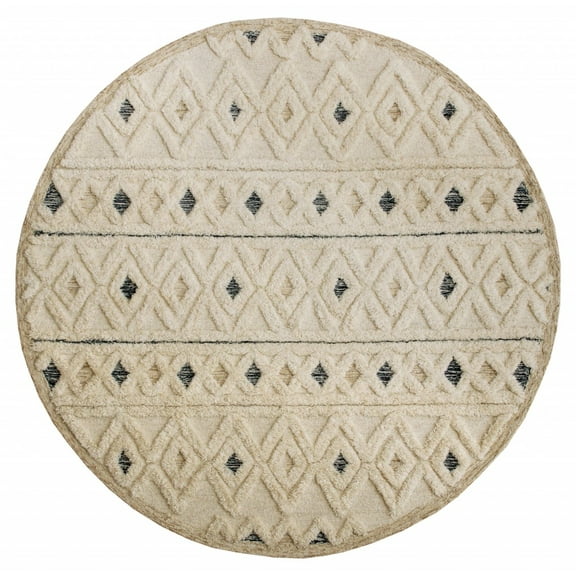6â€™ Round Cream and Blue Striped Diamonds Area Rug