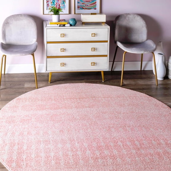 6 Round Moroccan Blythe Area Rug, Pink, Faded Bohemian Design, Stain Resistant, For Bedroom, Dining Room, Living Room, Hallway, Office, Kitchen, Entryway