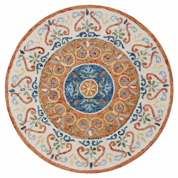 6’ Round Orange Traditional Medallion Area Rug